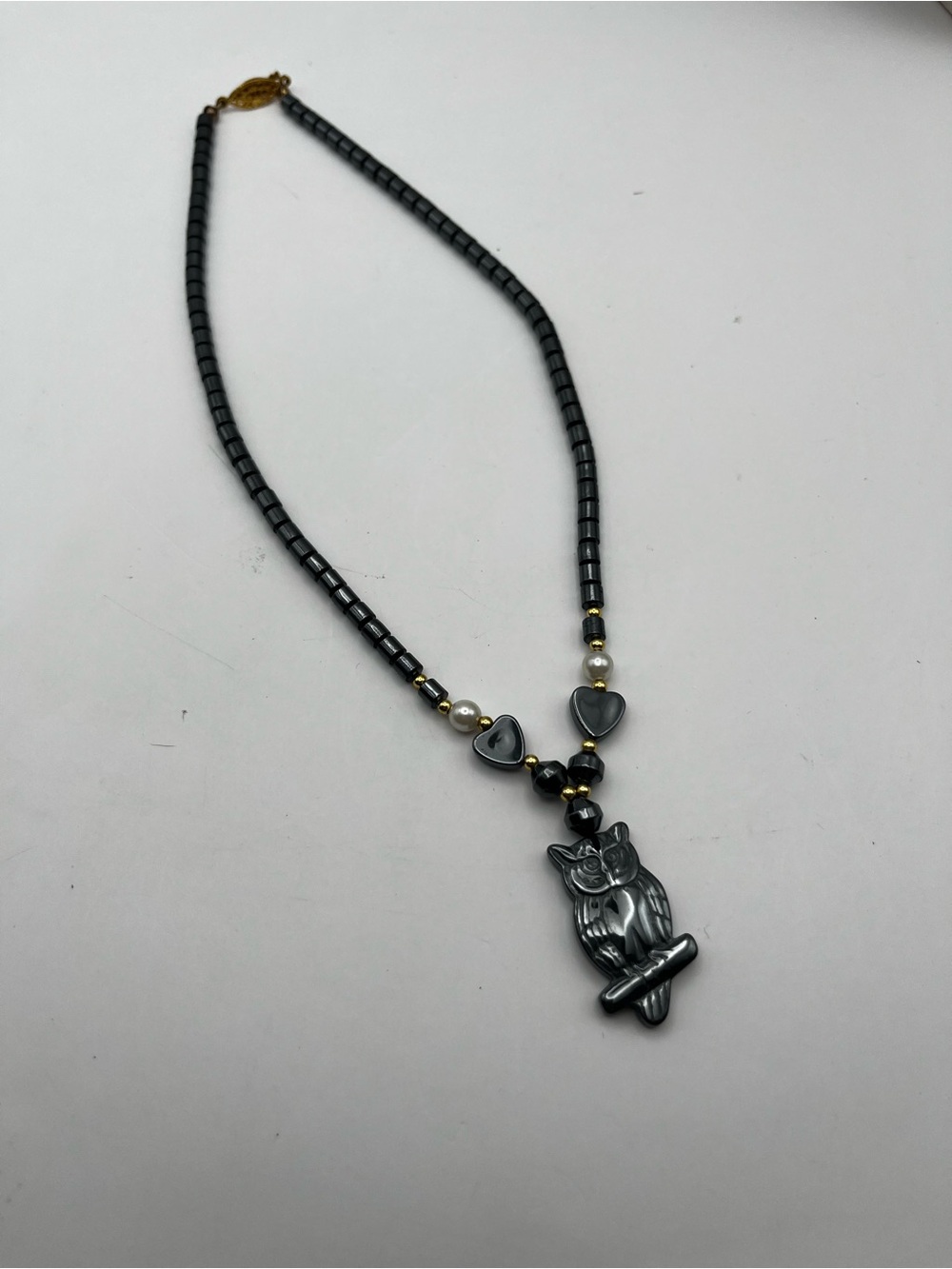 Hematite Owl Pendant Beaded Necklace with Heart Accents